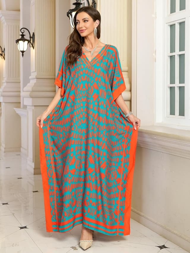 Detalle de Kaftan V-Neck Print Swimsuit Cover-Up Dress (One Size, Plus Size) for Beach & Lounge
