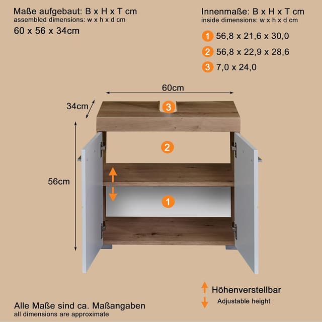 Detalle de trendteam smart living „Amanda“ Waschbeckenunterschrank in Weiß/Weiß Hochglanz mit Asteiche-Optik, 60 x 56 x 34 cm
