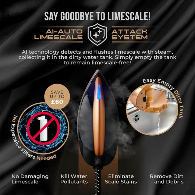 Detalle de Tower PureSteam Infinity Xpress T22030GLD 8 Bar Steam Generator Iron (Ceraglide NanoElite Soleplate, 1.5L Dual Tank)