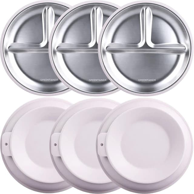 Detalle de Greentainer 3 Pack Stainless Steel Divided Plate with Suction Base (Pink) – Baby-Led Weaning toddler feeding set