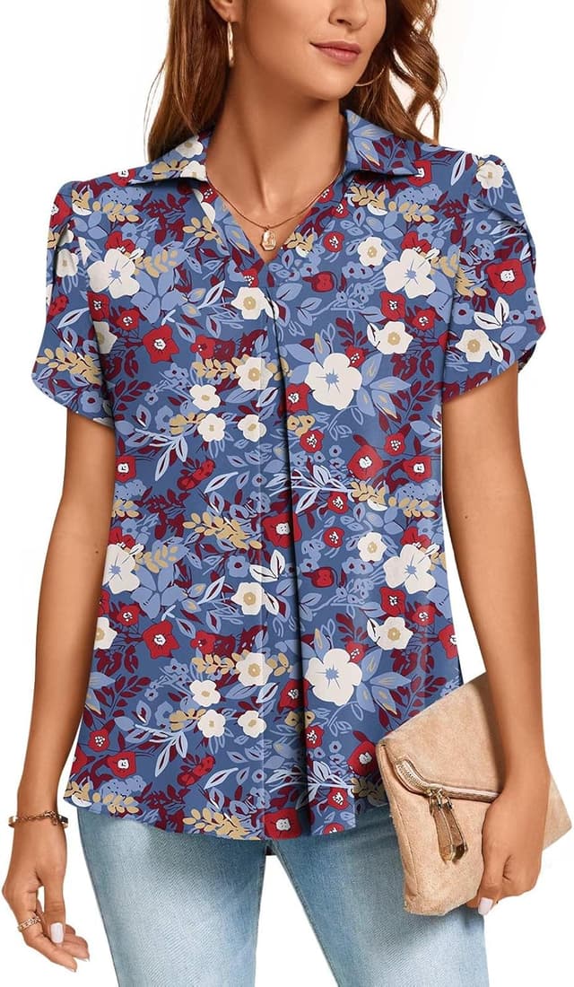 Detalle de Aodemo Women’s Summer Collared V-Neck Chiffon Pleated Blouse (3/4 Sleeve)