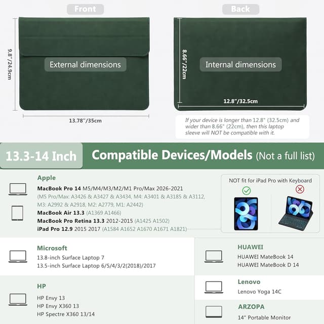 Detalle de HYZUO Laptop Hülle mit Standfunktion (13,3–14 Zoll) in Mitternachtsgrün