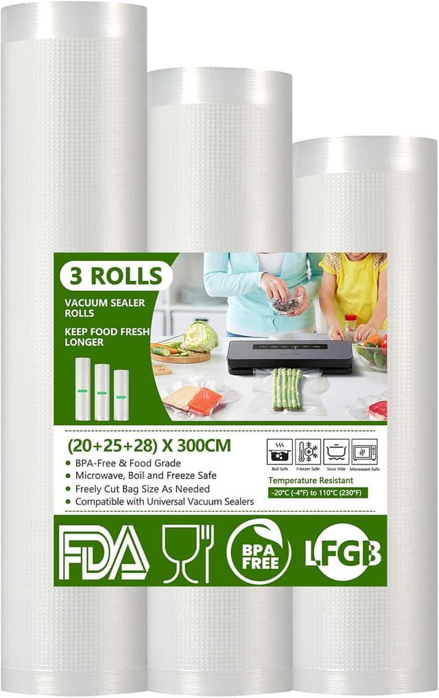 Detalle de Diboniur Sacchetti Sottovuoto Alimenti: 3 rotoli da 28/25/20×300 cm, goffrati e riutilizzabili