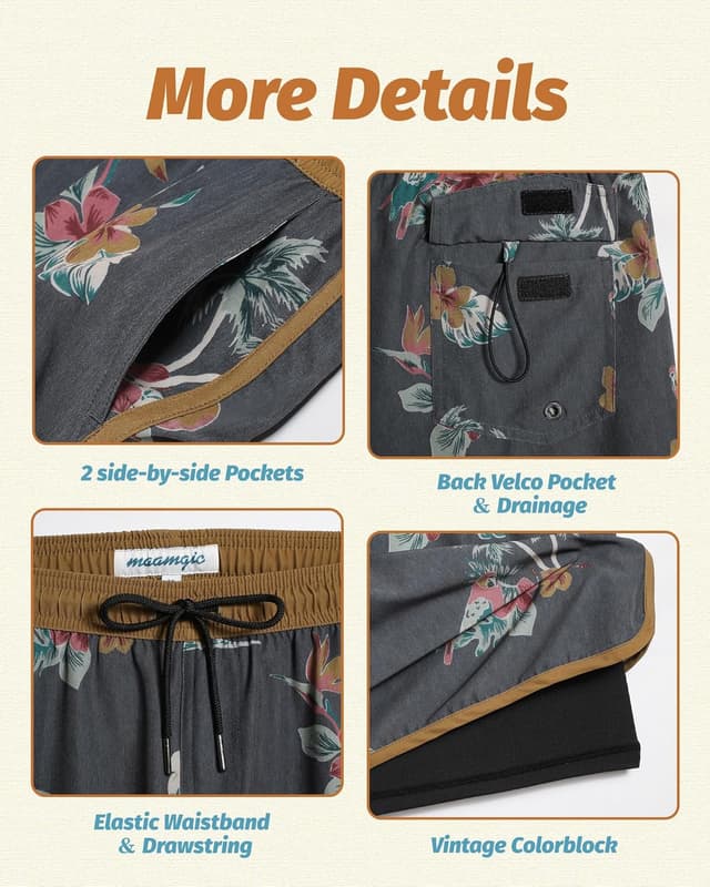 Detalle de MaaMgic Herren Badehose mit Kompression (2-in-1) – Vintage-Style Swim Shorts mit 14 cm Innenlänge