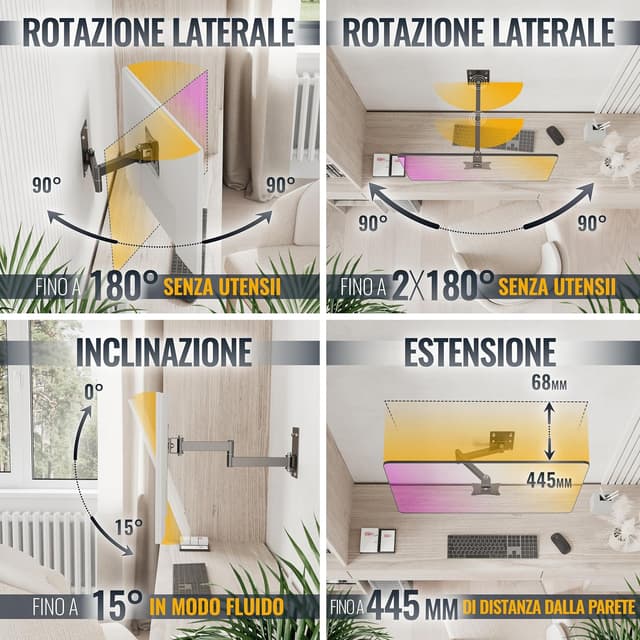Detalle de RICOO Supporto monitor a muro R02-11 girevole e inclinabile per schermi 13–29" con attacco VESA 100x100