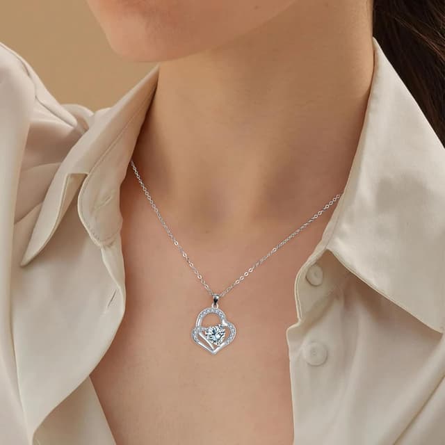 Detalle 2 de J.MOULING Damen Halskette aus 925 Sterling Silber mit Doppelherz-Anhänger & 3A Zirkonia