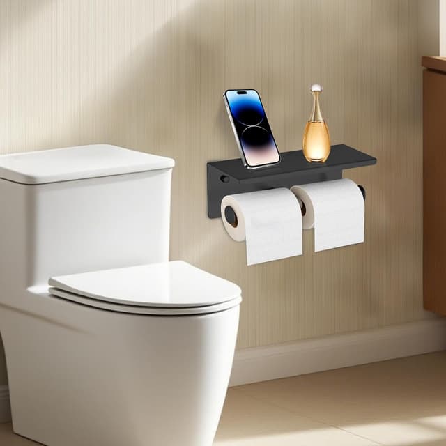 Detalle de YIGUANXIN Double Toilet Smartphone Paper Holder with Shelf (Black, SUS 304 Stainless Steel) wall mounted tissue storage rack