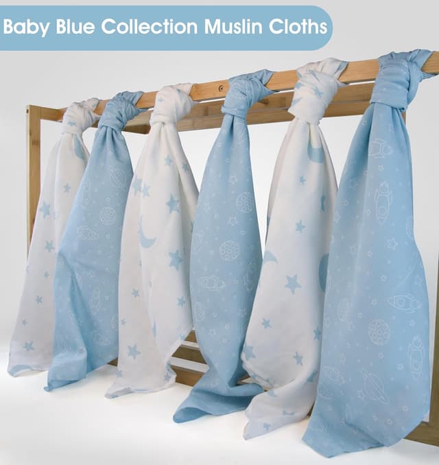 Detalle 2 de Large Baby Muslin Cloths (Pack of 6) 100% Cotton Muslin Squares – Soft, Absorbent & Breathable | Baby Blue Collection