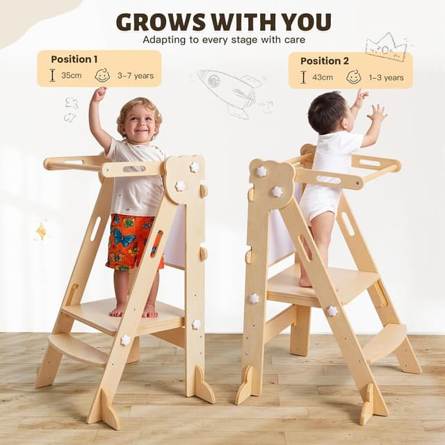 Detalle de labebe klappbarer Lernturm aus Holz mit zweiseitiger Tafel (Montessori Learning Tower, 3-in-1, ab 1 Jahr)