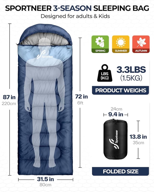 Detalle 2 de Sportneer Camping Sleeping Bag for Adults & Kids (3–4 Season, Warm Weather) – Lightweight Compact 220×80cm