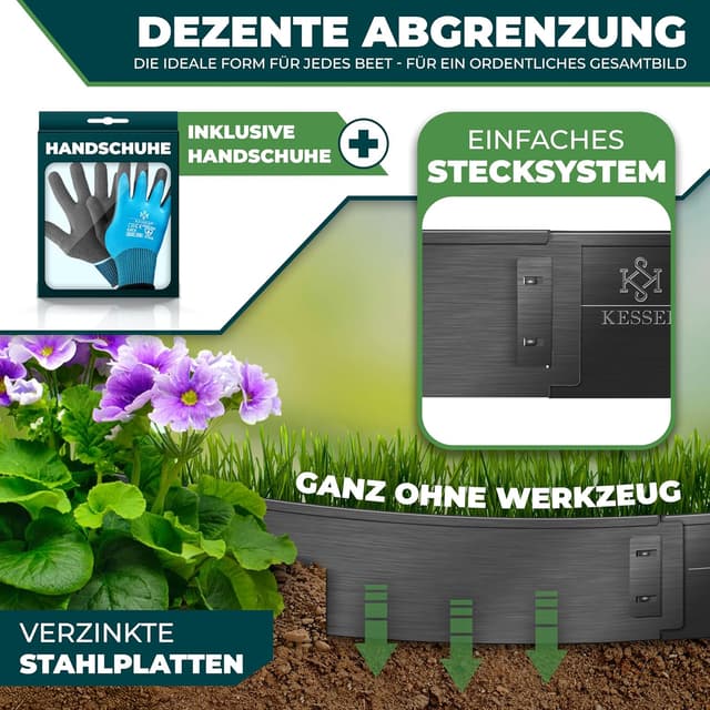 Detalle de KESSER® Rasenkante/Beeteinfassung Beetbegrenzung mit Stecksystem, Metall (schwarz) + Handschuhe, 15 m, 100 x 18 cm