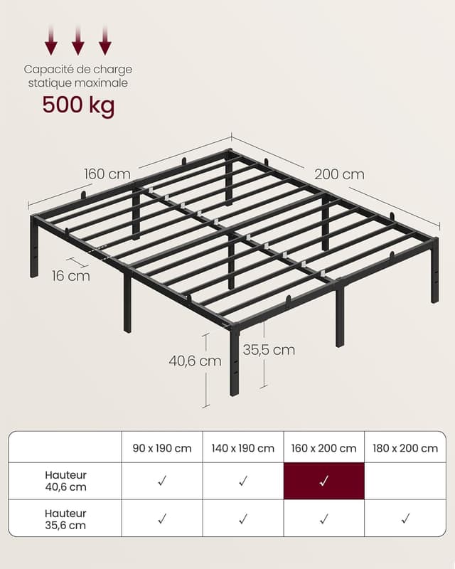 Thumbnail 1 de VASAGLE Cadre de Lit 160 x 200 avec Sommier Métal RMB155BD01