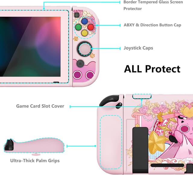 Detalle de playvital ZealProtect Soft Protective Case for Nintendo Switch (PP & Pink) with tempered glass screen protector