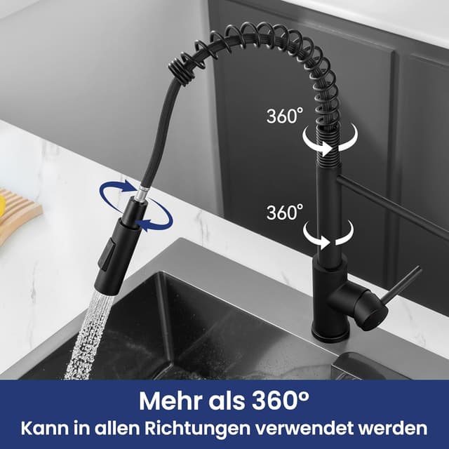 Thumbnail 2 de CECIPA Wasserhahn Küche Schwarz – Hochdruck-Küchenarmatur mit herunterziehbarer Brause, 2 Strahlarten und 360° Drehung