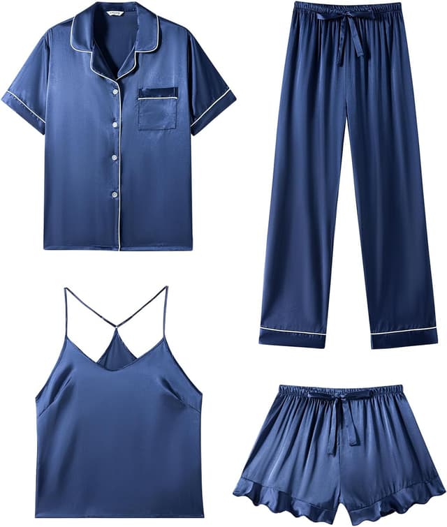 Thumbnail 6 de SAPJON Women’s 4-Piece Satin Pajama Set with Ruffled Shorts (Button-Down Cami & Notch Collar Top)