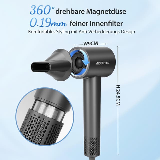 Detalle de Aigostar Ionen Haartrockner mit Diffusor, 200 Mio. Ionen, BLDC-Motor (110.000 U/min) & 55 dB