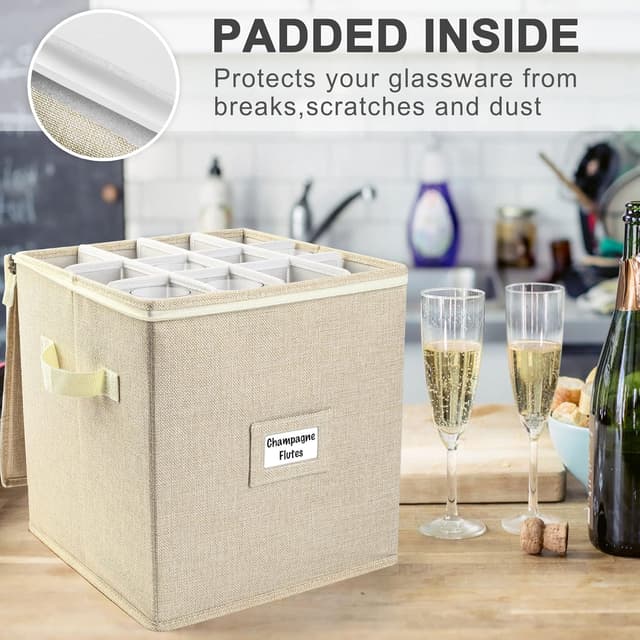 Detalle de LotFancy Champagne Flute Storage Container (12in Tall) — Quilted Hard Shell, Stackable Case with Dividers & Handles