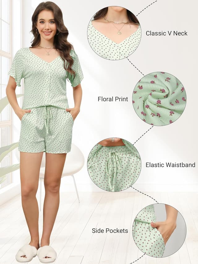 Detalle de Reliwel Damen-Schlafanzug Kurzarm mit Knopfleiste aus Baumwolle – V-Ausschnitt Shorty-Set mit Taschen