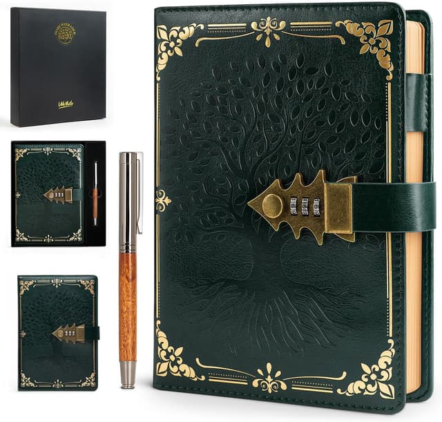 Detalle de WEMATE Tagebuch mit Schloss, A5 Hardcover (260 Seiten) inkl. Geschenkbox – nachfüllbar, Vintage-Optik in Grün