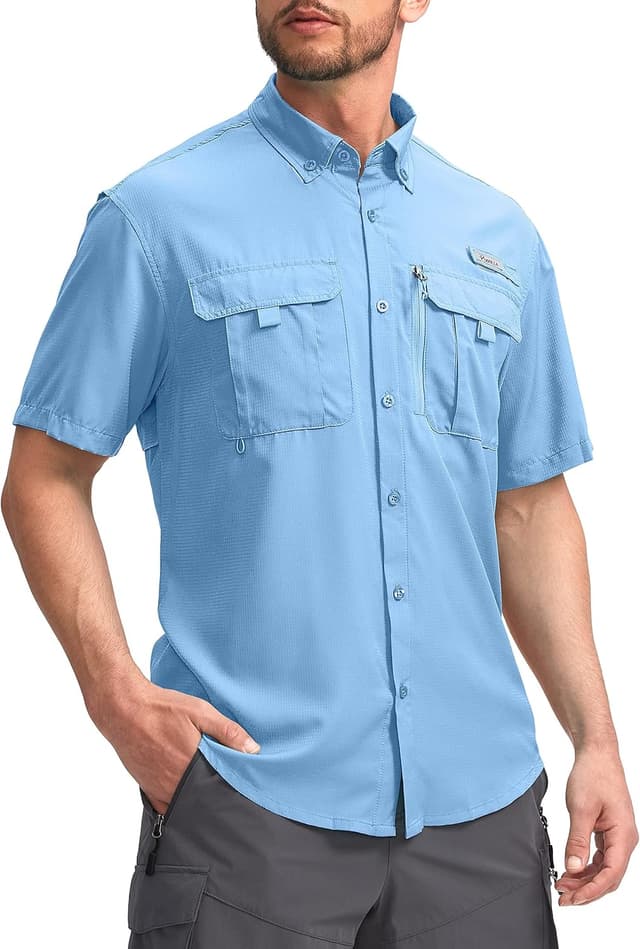 Detalle de Pudolla Men’s Short Sleeve Fishing Shirts with UPF50+ and Zipper Pockets