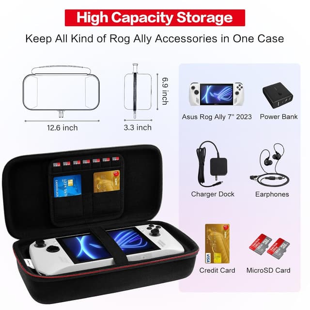 Detalle de ivoler Tasche für ASUS ROG Ally X / ROG Ally / Nintendo Switch 2 – harte Schale, 7 Gamekarten, Hartschalen-Tragetasche (schwarz)