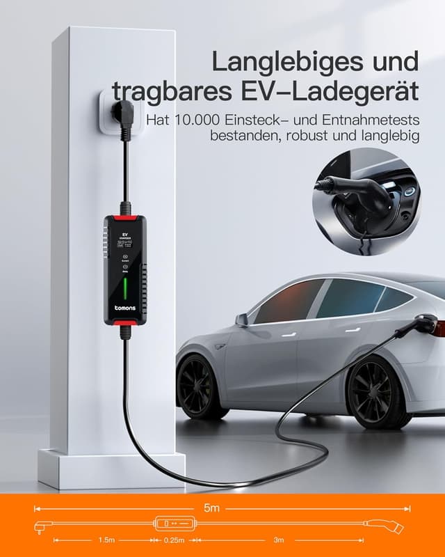 Thumbnail 6 de tomons Typ 2 Ladekabel (Schuko) 3,68 kW, 16 A, 6 m – mit LED-Anzeige und zeitverzögertem Laden