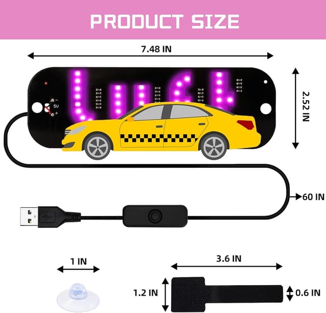 Thumbnail 6 de LED Light for Car Windshield Sign (Pink) with Suction Cups, Hook-and-Loop Cable Ties and USB Plug