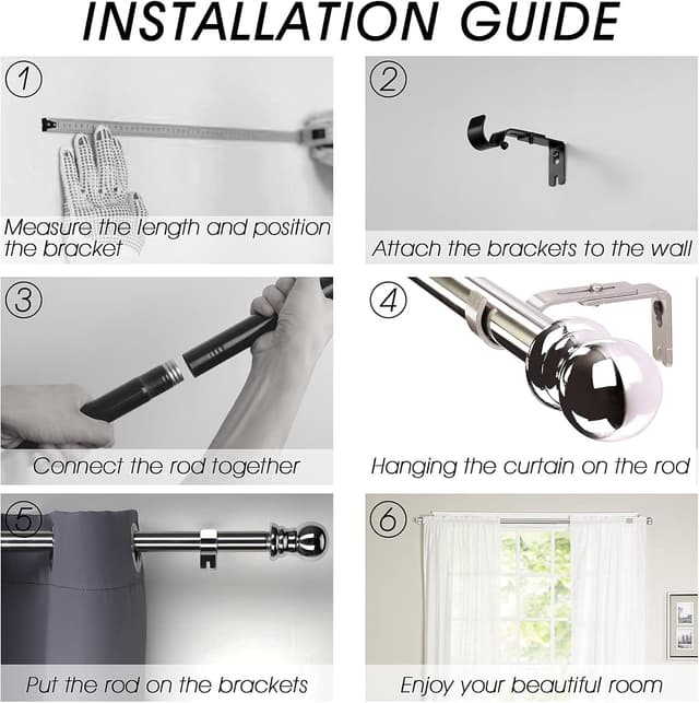 Thumbnail 6 de HARRMS ausziehbare Gardinenstange (76–369 cm) Edelstahl silber – Set für Schlafzimmer, Wohnzimmer & mehr