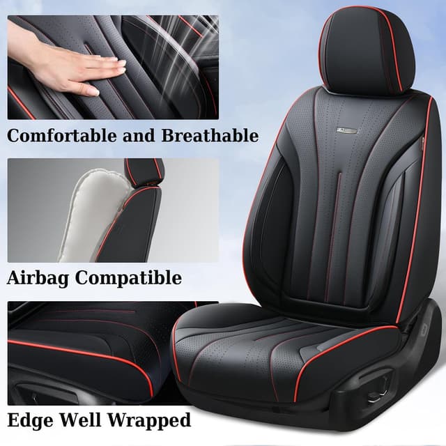 Detalle 2 de Coverado Front Seat Covers (Nappa Leather Look) — Waterproof Universal 2-Pack for Most Cars, Black & Red Line