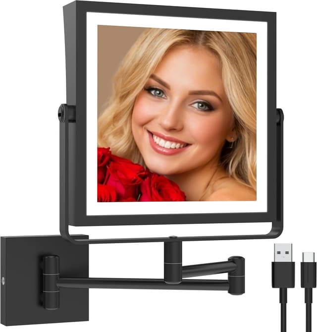 Detalle de Ruacq Rechargeable Wall Mounted Makeup Mirror with Lights (1X/10X, 3-Color Dimmable, 360° Arm)