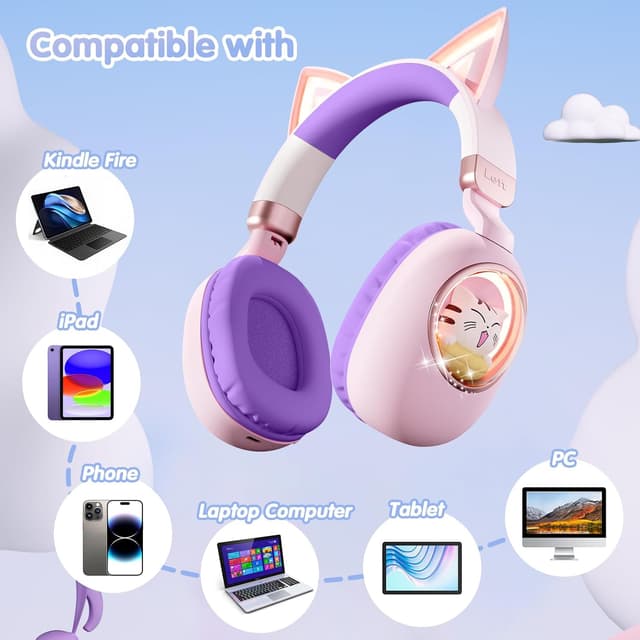 Detalle de sunvito Kinder Bluetooth-Kopfhörer 5.4 mit LED „Katzenohr“-Design, faltbar & 3,5-mm-Kabel