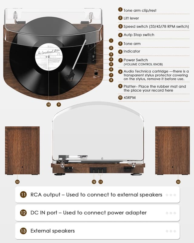 Detalle de Retrolife Platine vinyle avec deux haut-parleurs stéréo et cartouche AT-3600L (3 vitesses 33/45/78) – Sortie RCA vintage