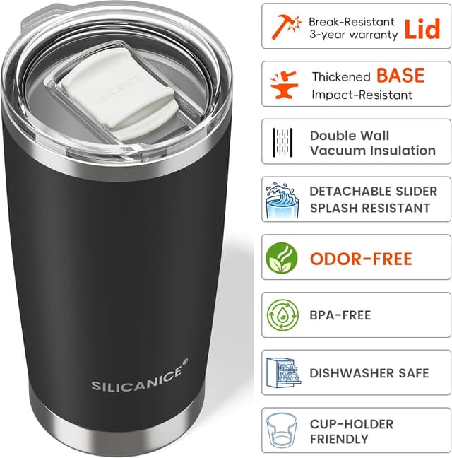 Detalle de 20oz Hygienic 18/8 Stainless Steel Vacuum Insulated Tumbler w/ Removable Easy-On/Easy-Off Slider Lid (Black)