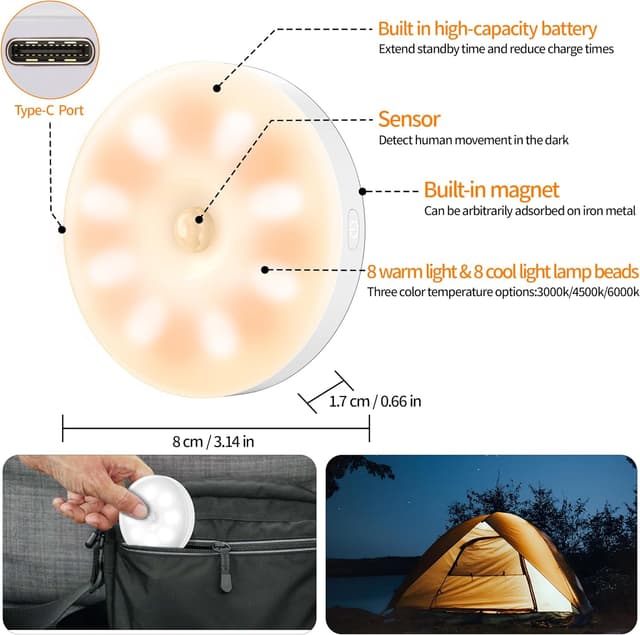 Detalle 2 de daphomeu 6x Motion Sensor Lights Indoor (USB Rechargeable) for Under-Cabinet, Stairs & Wardrobes
