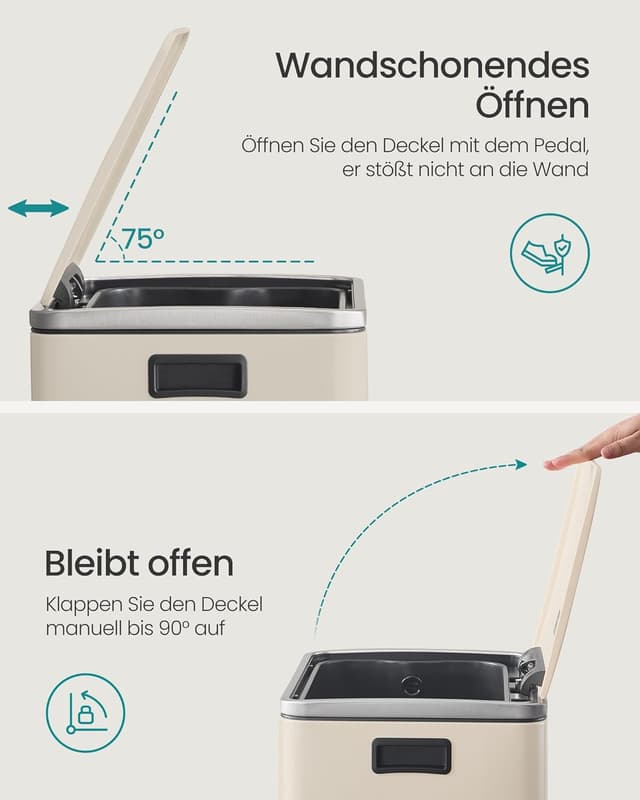 Detalle de SONGMICS Mülleimer 50 L LTB595A02 aus Stahl – mit herausnehmbaren Inneneimer, Deckel & Soft-Close