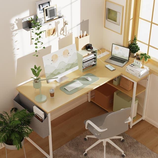 Detalle de BEXEVUE Small L-Shaped Desk with Power Outlets, 100x70 cm corner workstation with reversible storage shelves (beige)
