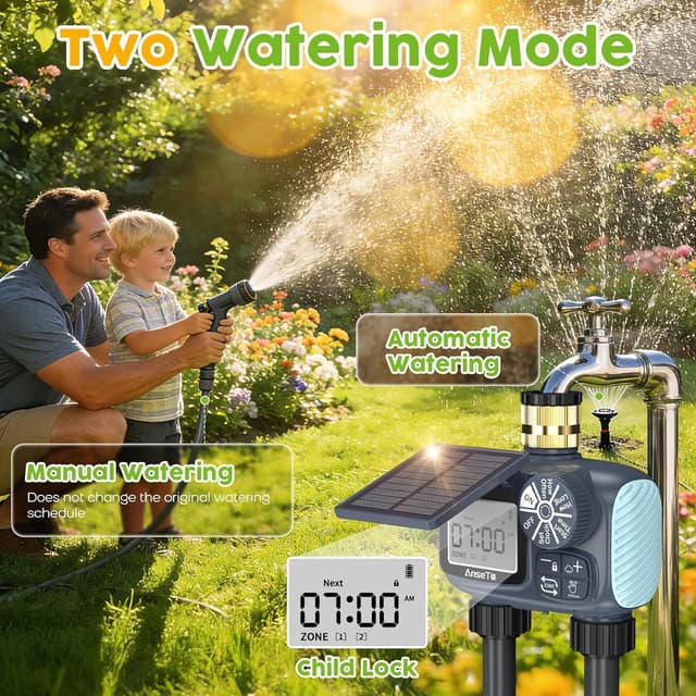 Thumbnail 6 de AnseTo Timer di Irrigazione Solare con 2 Uscite e pannello regolabile, ricarica USB-C
