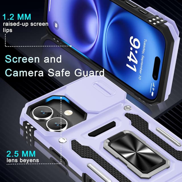 Detalle de DEERLAMN Case for iPhone 17 6.3-Inch with Slide Camera Cover, Ring Kickstand & Screen Protector (2 Packs) - Light Purple