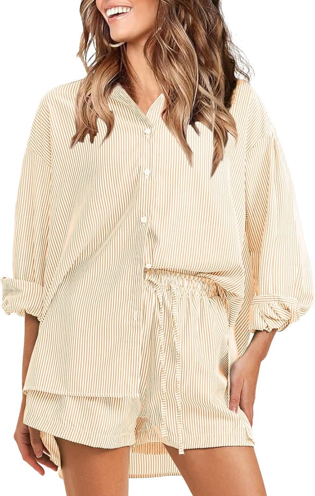 Detalle de Exlura Women’s Cotton Summer 2-Piece Long Sleeve Button-Down Shirt & Matching Short Set