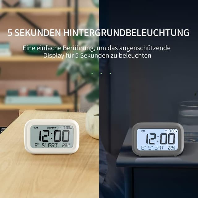 Detalle de DOOMAY Digital Wecker für Nachttisch – batteriebetriebene LCD-Uhr mit einstellbarer Alarmlautstärke, Snooze & Wochenendmodus