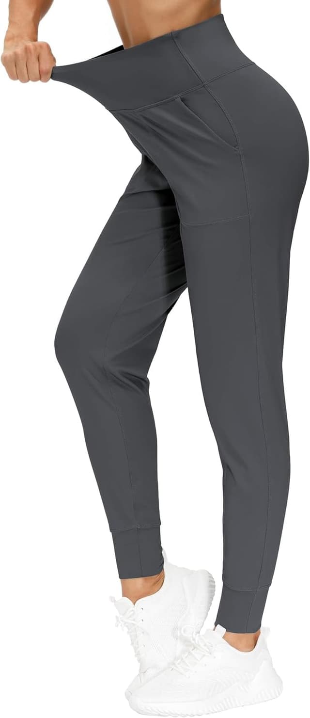 Detalle de THE GYM PEOPLE Joggers donna in tessuto 4-way stretch, vita alta, tasche laterali per yoga, corsa e tempo libero