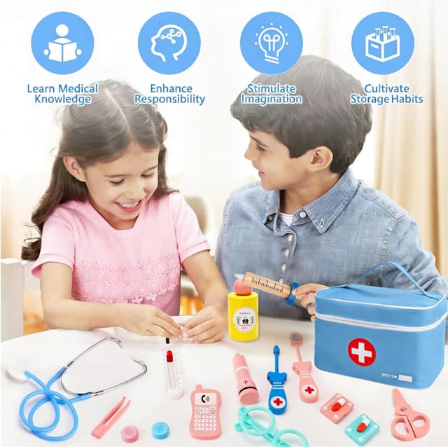 Detalle 2 de Teneytoyz Kinder-Arztkoffer aus Holz mit echtem Stethoskop & Arztkittel – Doktorkoffer für Rollenspiele