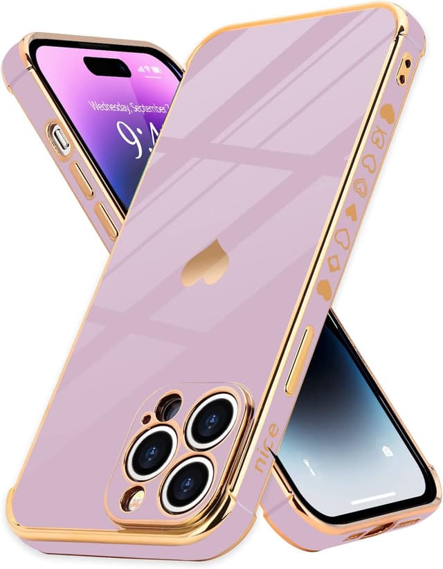 Detalle de Urarssa iPhone 14 Pro case in purple with bling heart design and shockproof bumper