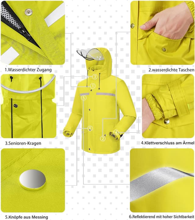 Detalle de Coutyuyi Herren & Damen Regenanzug mit reflektierenden Elementen – wasserdicht, winddicht und mit transparenter Regenhaube