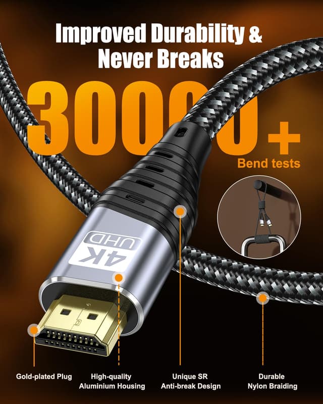 Detalle de TEFLOTY 4K HDMI-Kabel 12 m (HDMI 2.0, 18 Gbps) für 4K@60 Hz mit Ethernet/Audio-Rückkanal