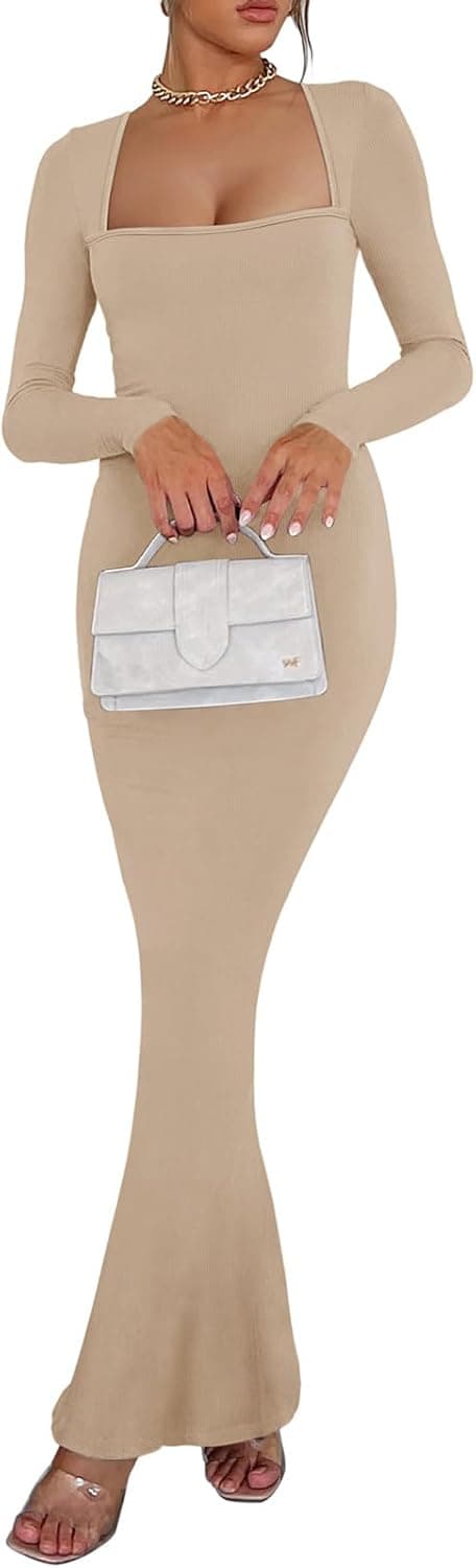 Detalle 2 de REORIA Damen Maxikleid mit quadratischem Ausschnitt und langen Ärmeln – figurbetont lässig gerippt