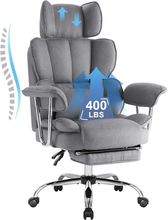 Detalle de IWMH Bürostuhl mit Fußstütze, verstellbarer Lendenwirbelstütze und Kopfstütze (XXL, bis 200 kg) – Drehstuhl mit Armlehnen, grau