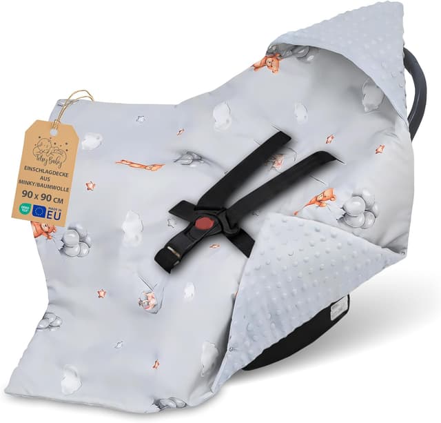 Detalle de Einschlagdecke für Babyschale 90x90 cm (Fußsack Blanket) – für Kinderwagen & Autositz, Ganzjahres-Option mit Minky, passend für 3- und 5-Punkt-Gurt