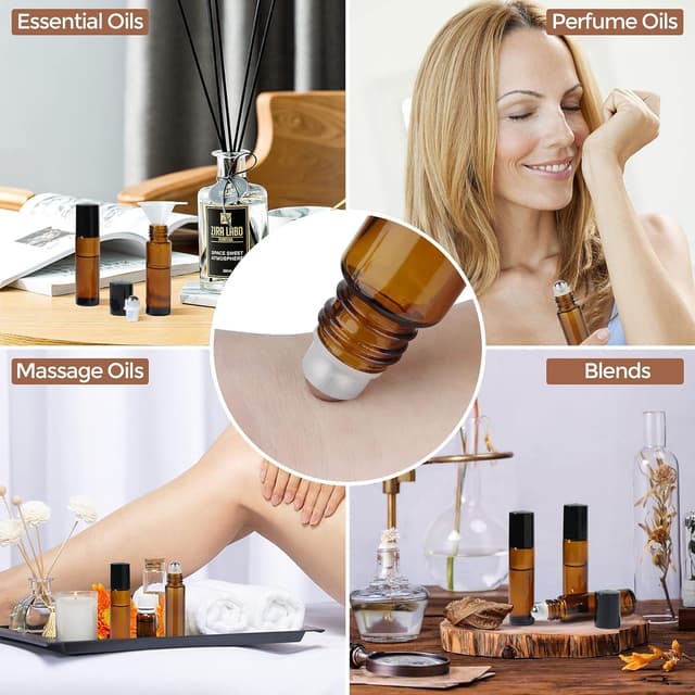 Detalle de Set ComSaf da 12 flaconi roll-on in vetro ambrato con biglie e accessori per oli essenziali, DIY e aromaterapia