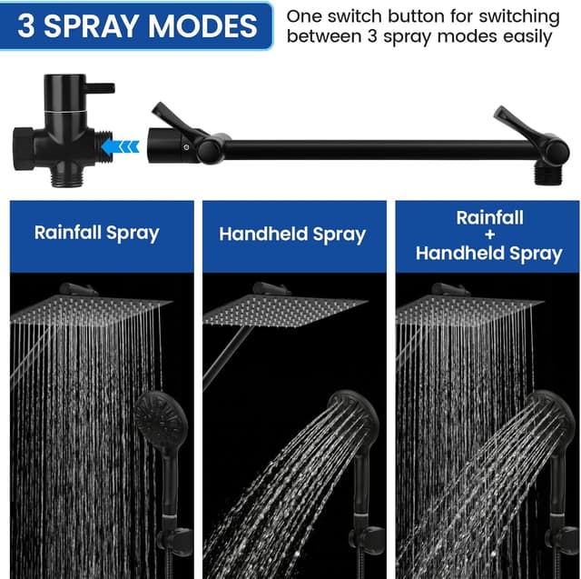 Detalle de Tudoccy SHP-HS Shower Head Combo (8" Rainfall + Handheld) in Matte Black with 11" Extension Arm